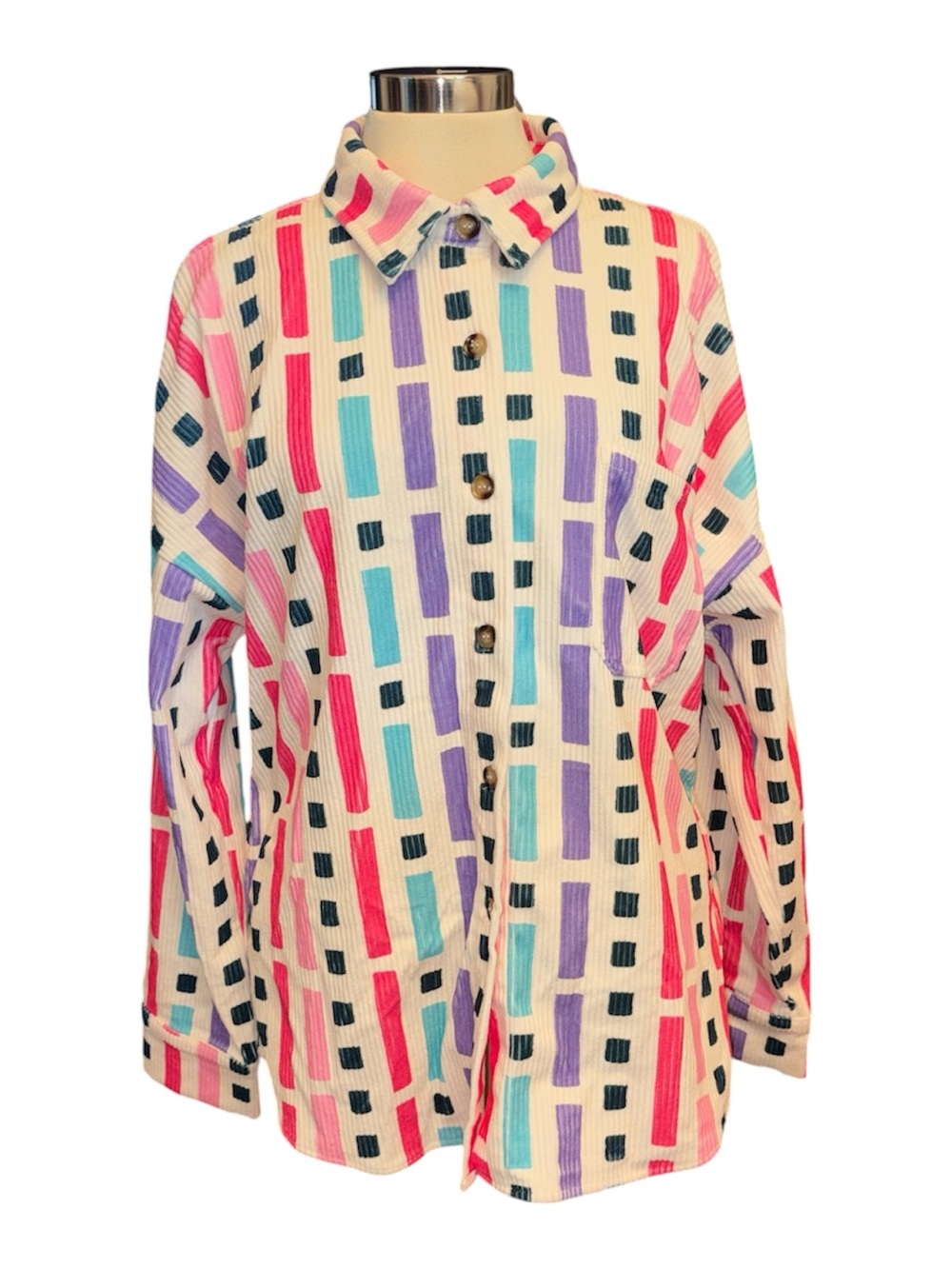 Emily Wonder Corduroy Jacket buttondown long sleeves printed w/squares Sz L NWT